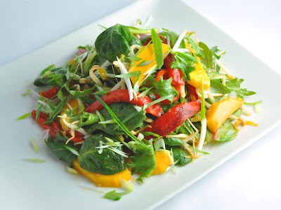 asian greens with bean sprouts, red pepper and mango