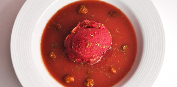 Blood Orange Sorbet in Strawberry-Apricot Fruit Soup with Goldenberries